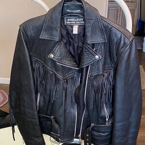 Women's Black "Sheldon" Brand Genuine Leather Fringe Motorcycle Jacket.  Medium
